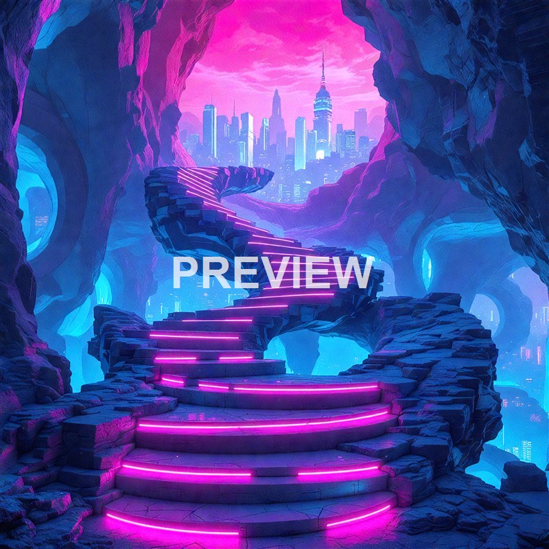 A futuristic scene of a spiral staircase with neon pink lights inside a rocky cave opening, overlooking a glowing city skyline with tall skyscrapers under a pink and purple sky.